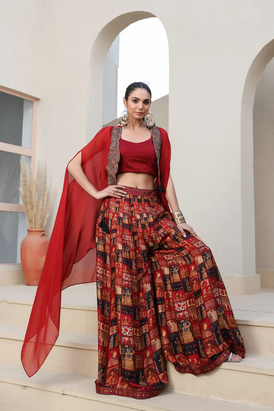 Mughal Art Printed Sharara with Heavy Embroidered Blouse And Solid Cape
