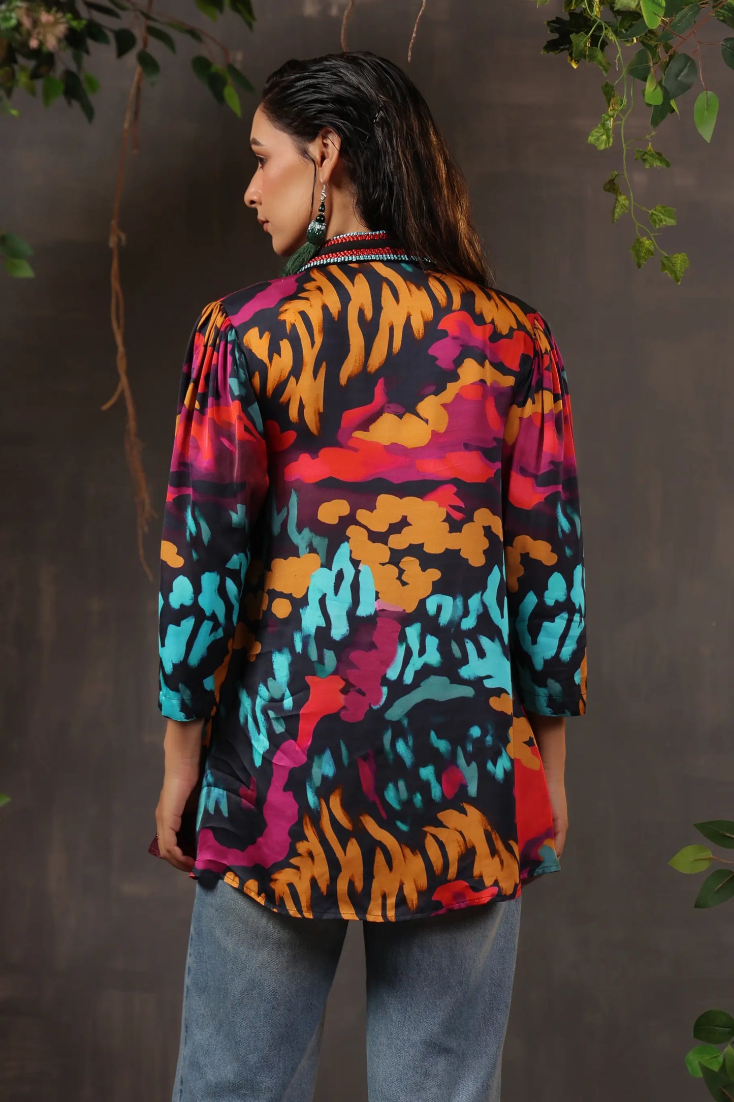 Printed Short Top with Light Embellish on Collar