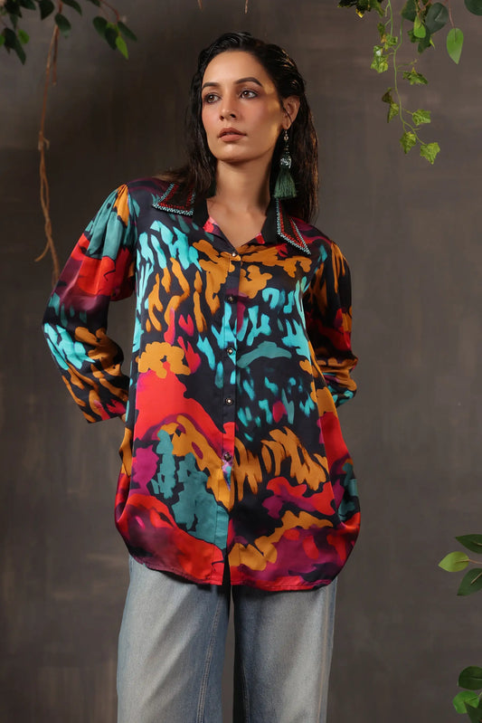 Printed Short Top with Light Embellish on Collar