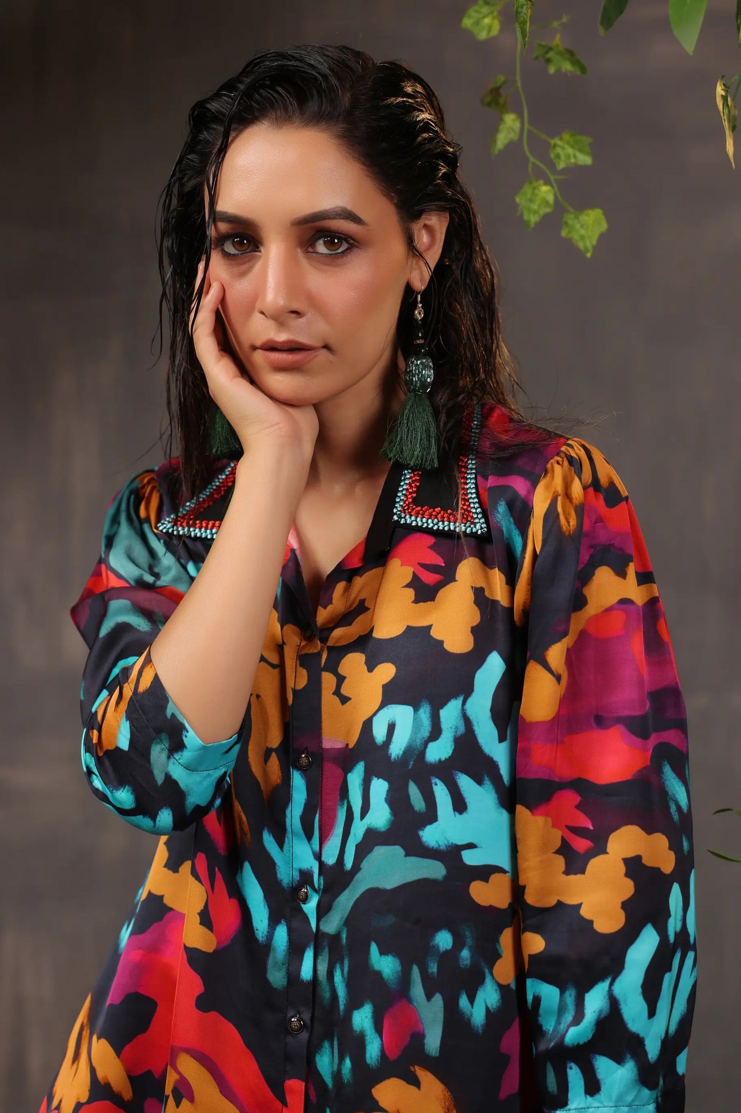 Printed Short Top with Light Embellish on Collar