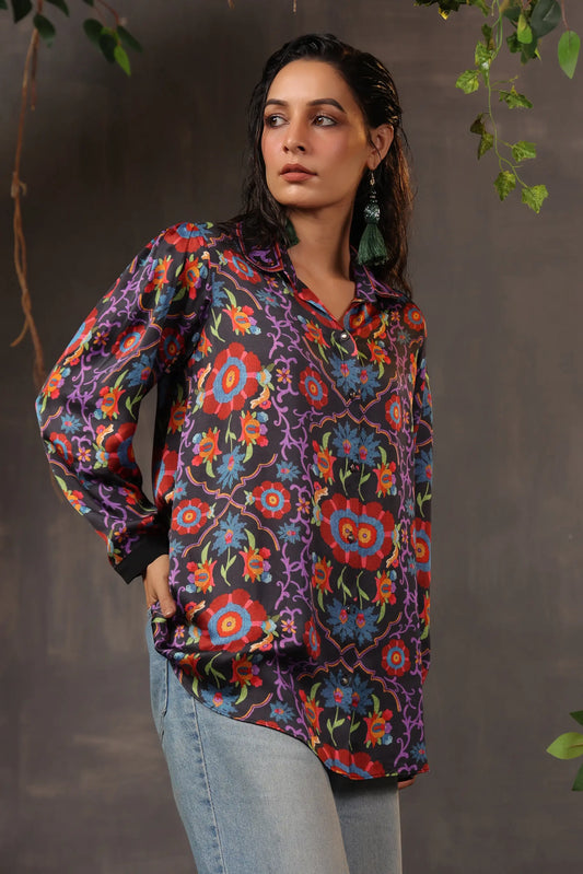 Printed Short Top with Light Embellish on Collar