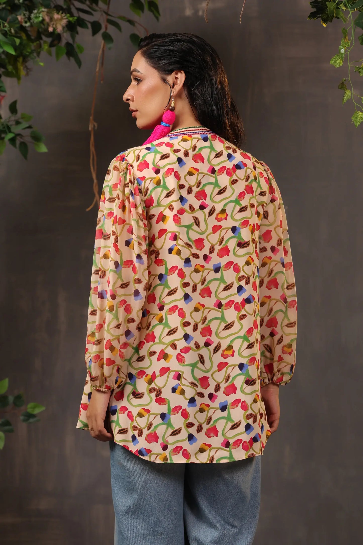 Printed Short Top with Light Embellish on Collar