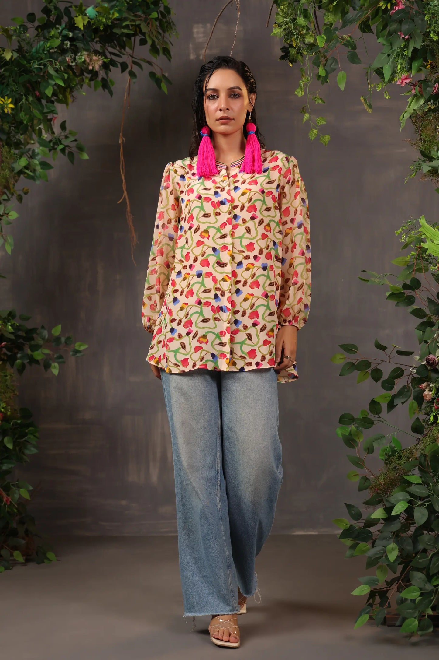 Printed Short Top with Light Embellish on Collar