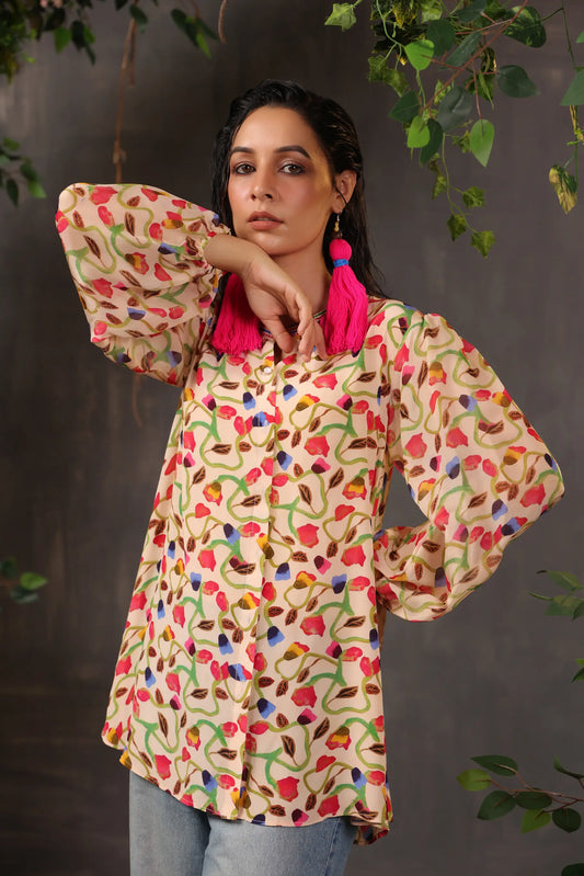 Printed Short Top with Light Embellish on Collar