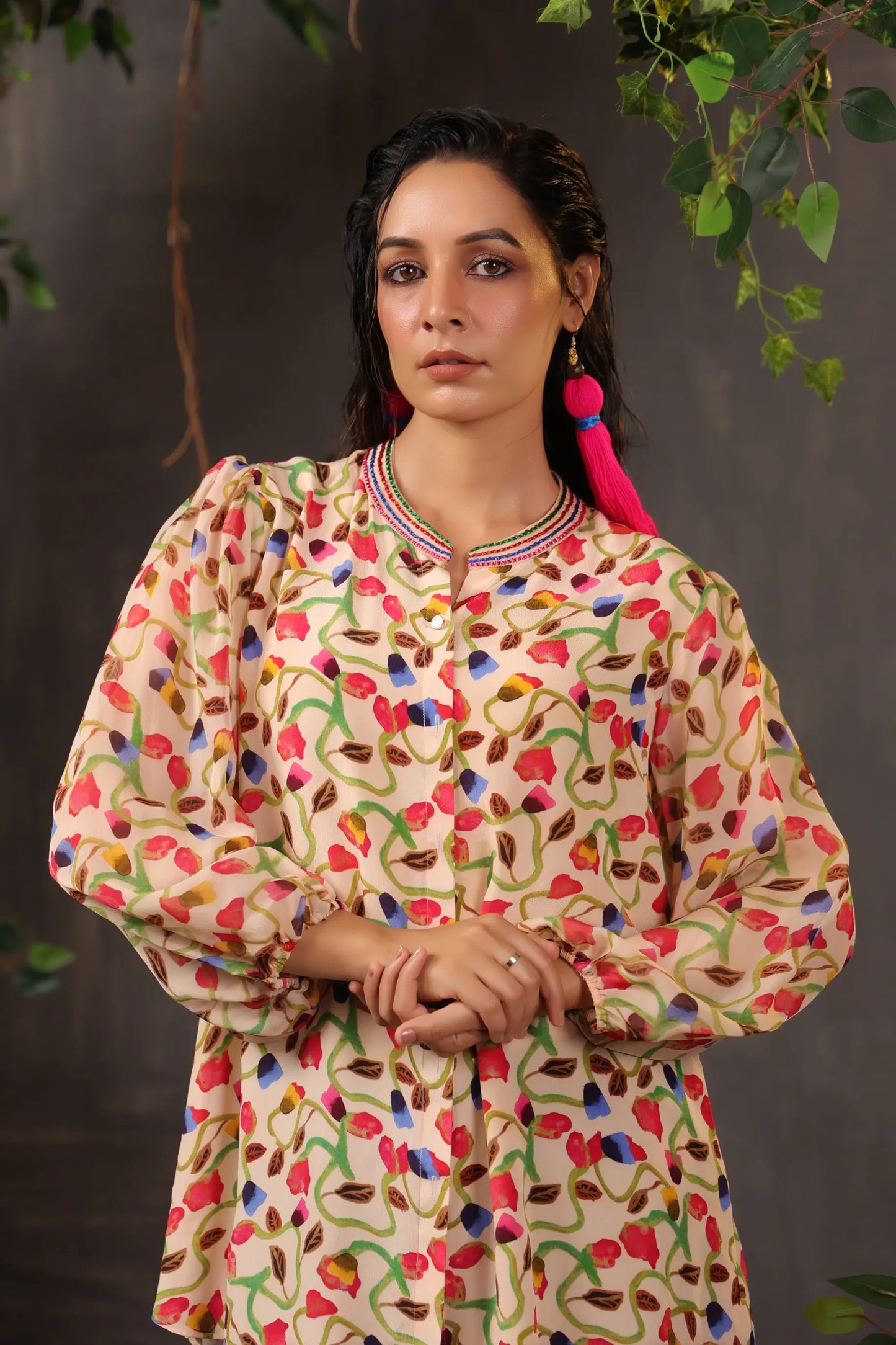 Printed Short Top with Light Embellish on Collar