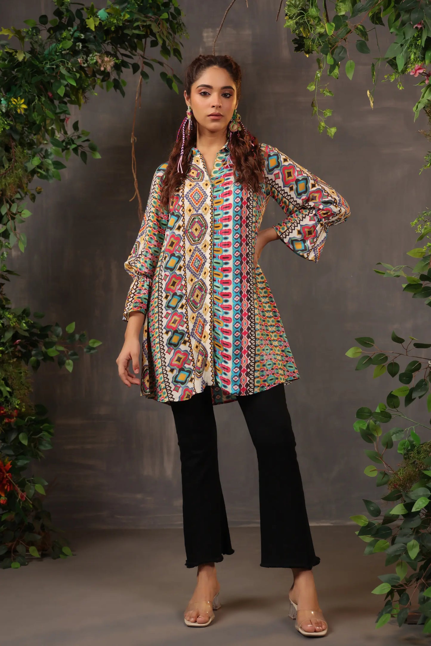 Printed Short Top with Light Embellish on Collar