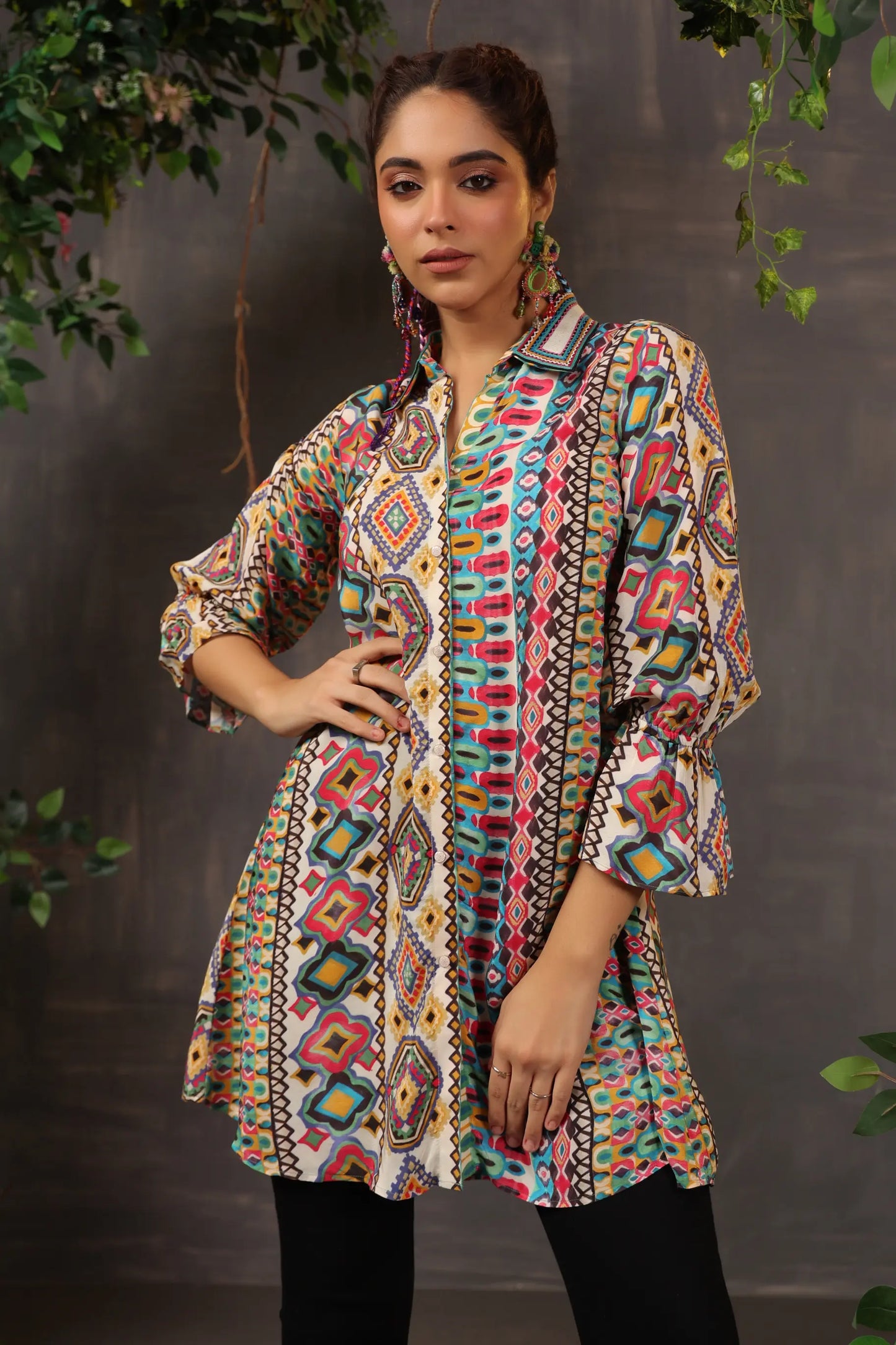Printed Short Top with Light Embellish on Collar