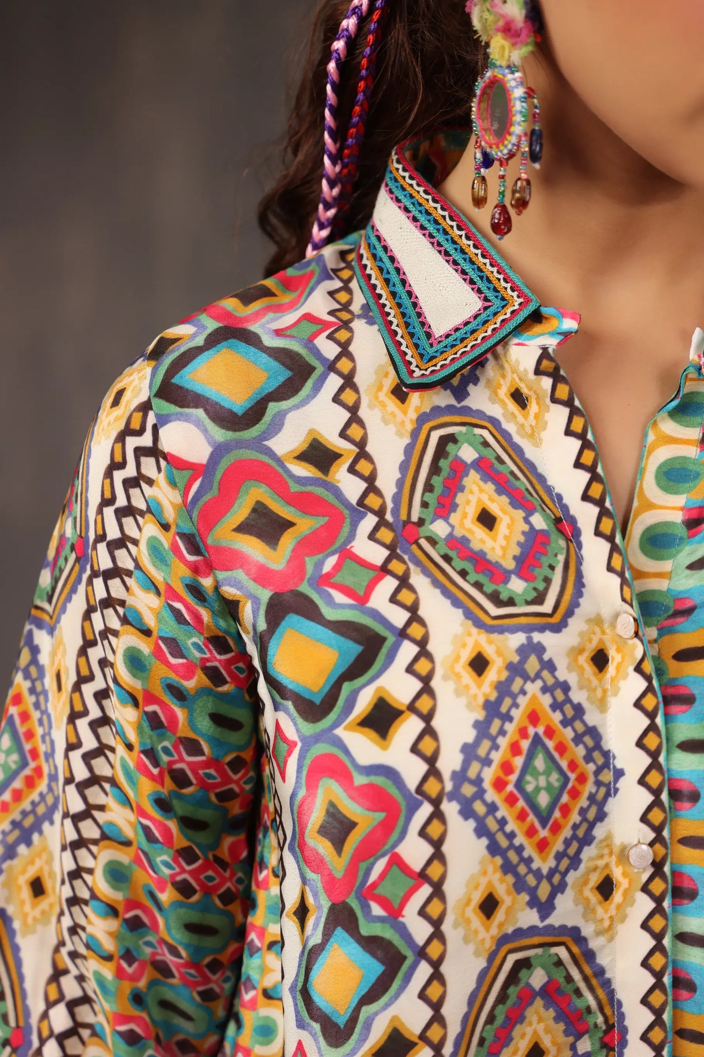 Printed Short Top with Light Embellish on Collar