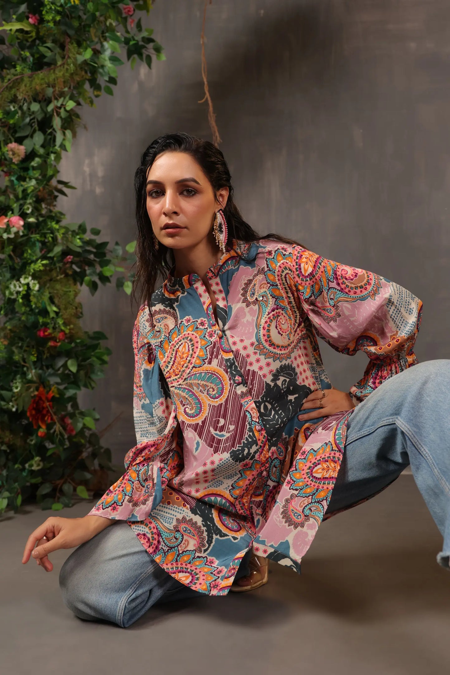 Printed Short Top with Light Embellish on Collar