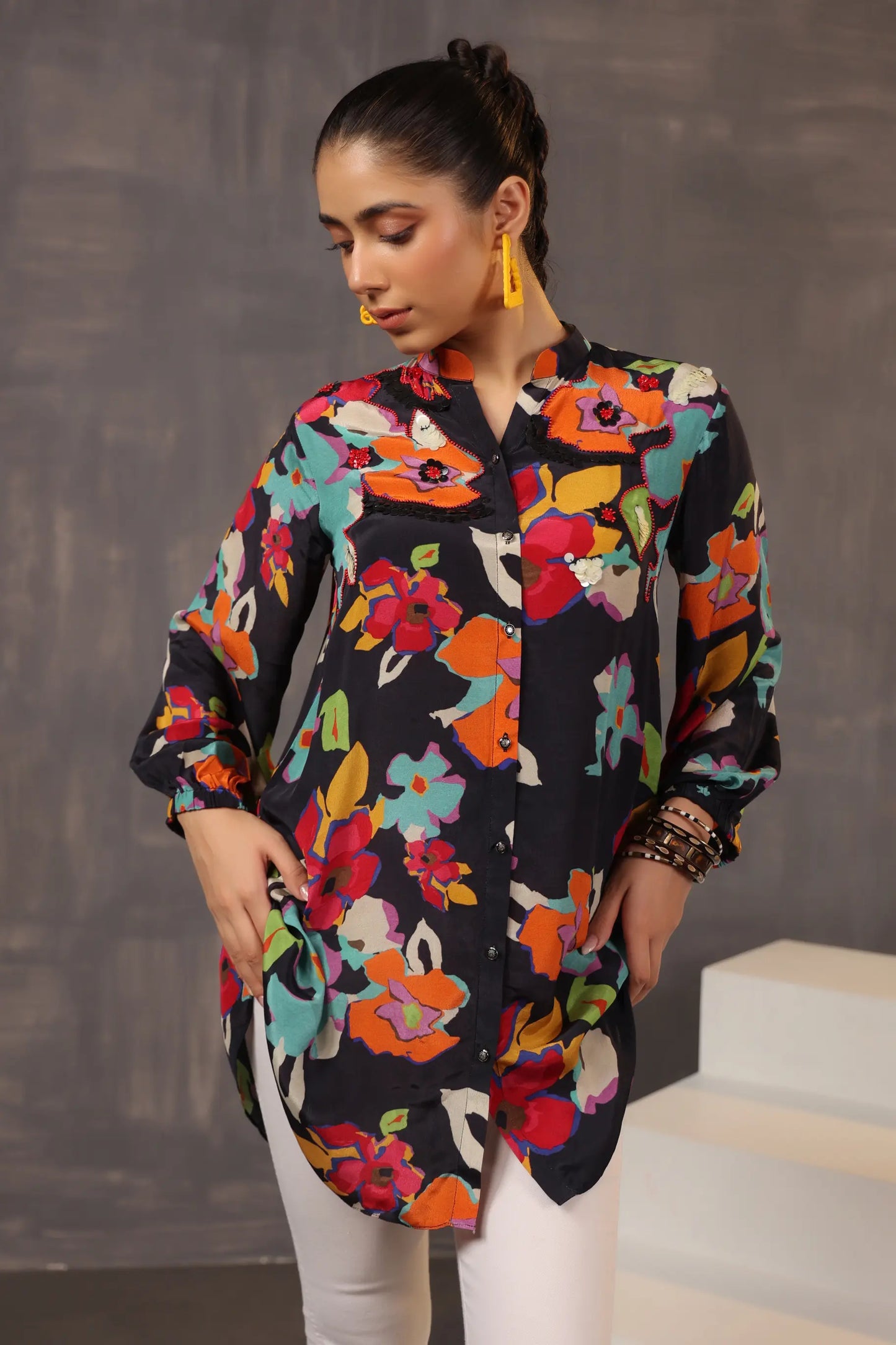 Printed Short Top with Light Embellish