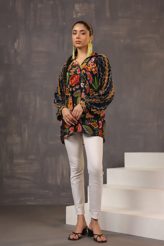 Printed Short Top with Light Embellish on Collar