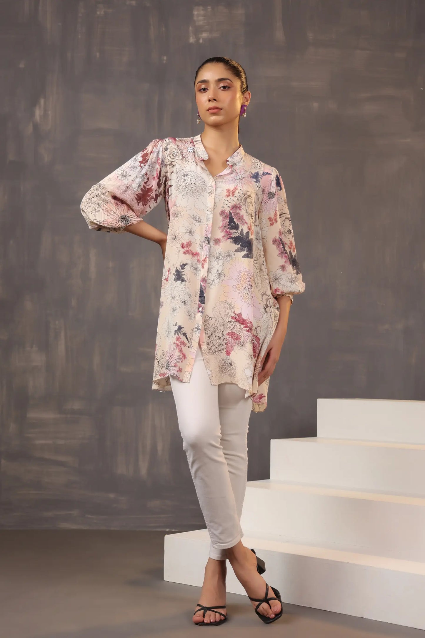 Printed Short Top with Light Embellish on Collar
