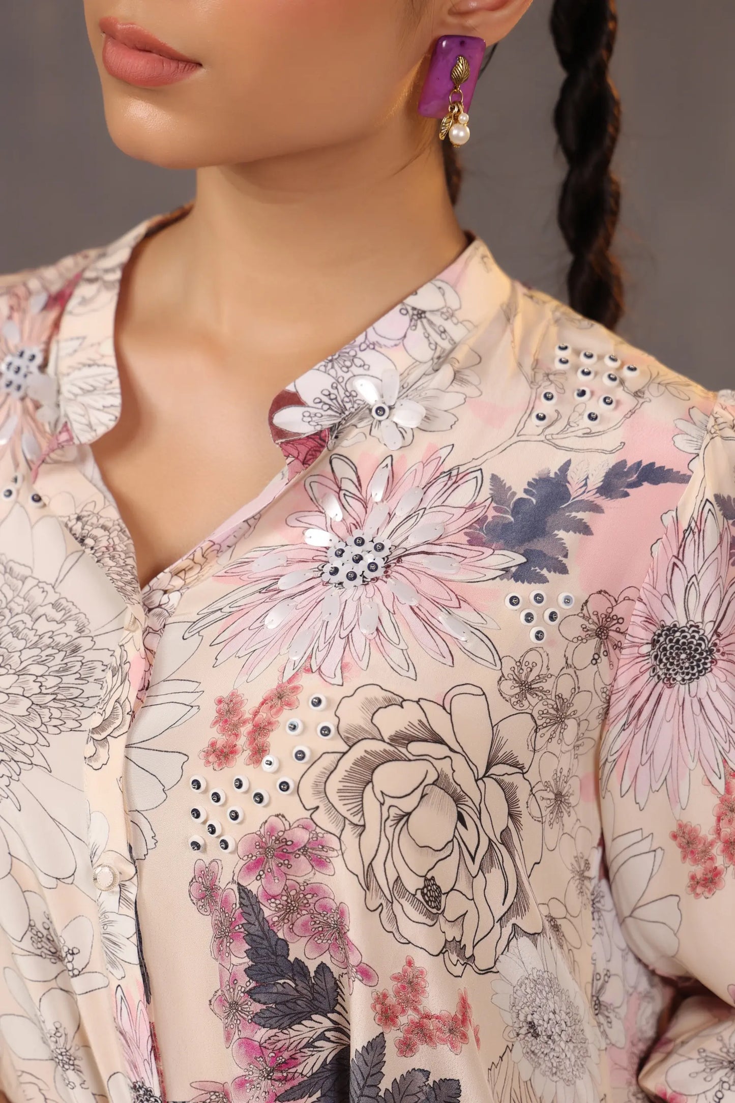 Printed Short Top with Light Embellish on Collar