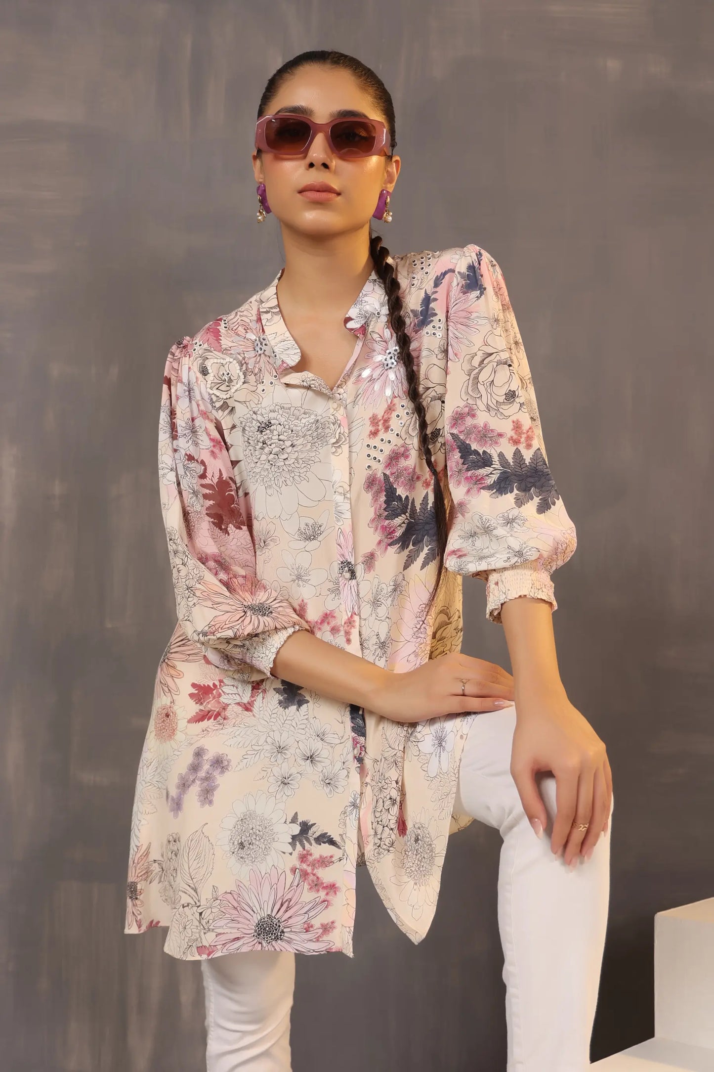 Printed Short Top with Light Embellish on Collar