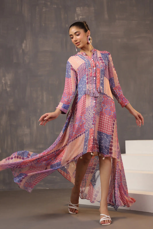 Abstract Print Knee Length Dress with light Embellish