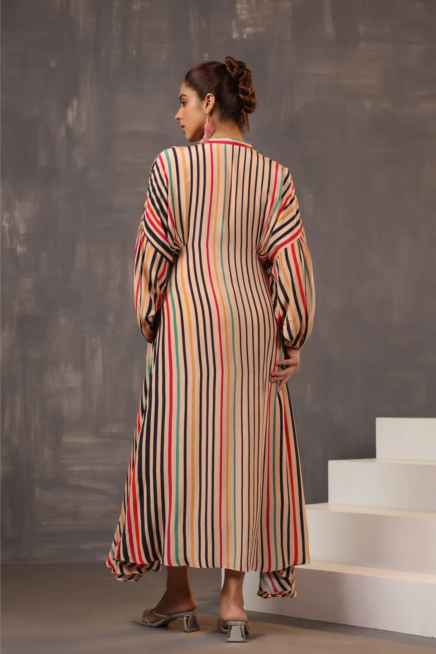 Stripe Printed Dress with Hand Embroidery on Shoulders
