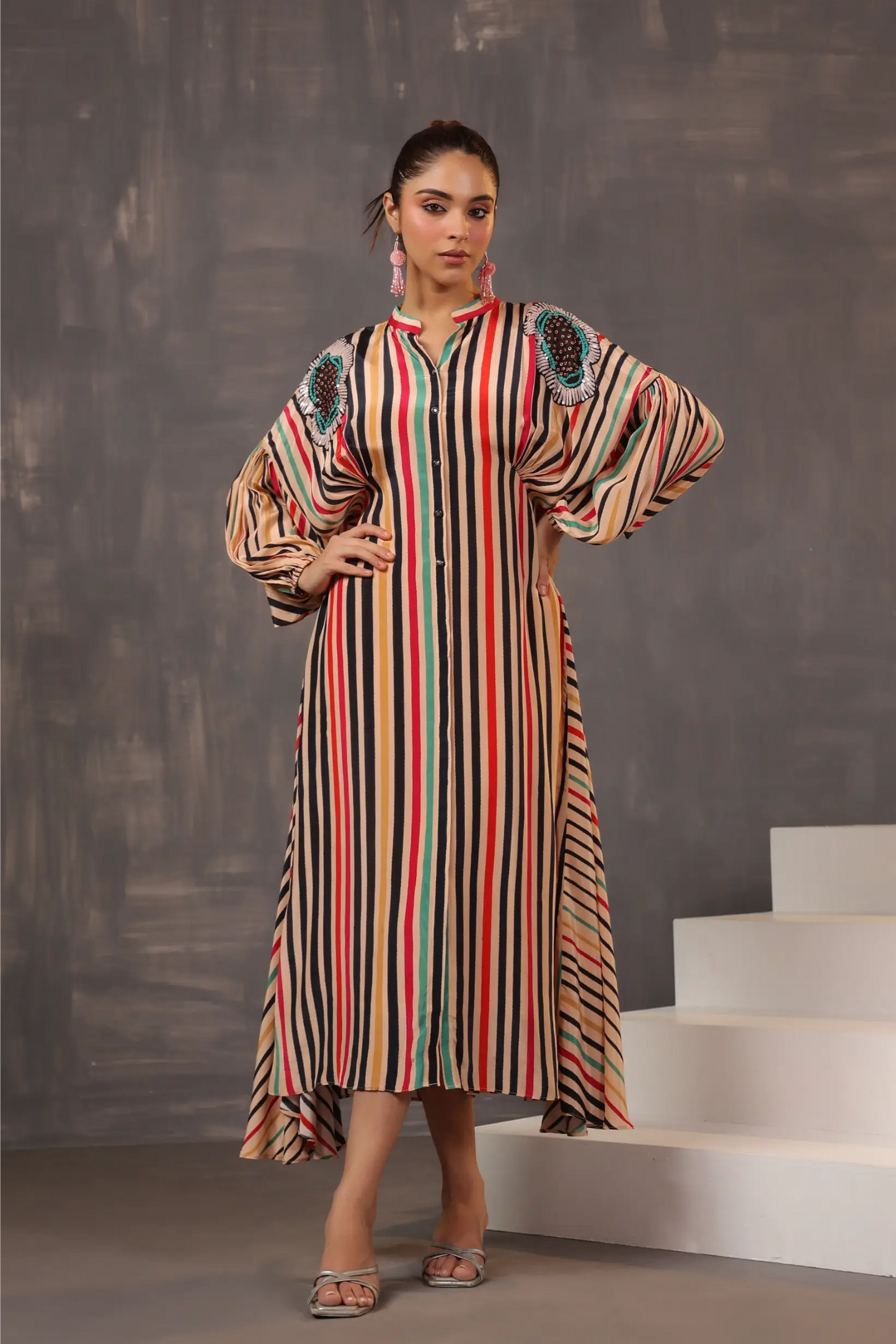Stripe Printed Dress with Hand Embroidery on Shoulders