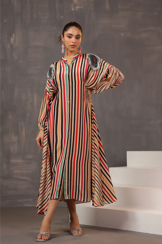 Stripe Printed Dress with Hand Embroidery on Shoulders