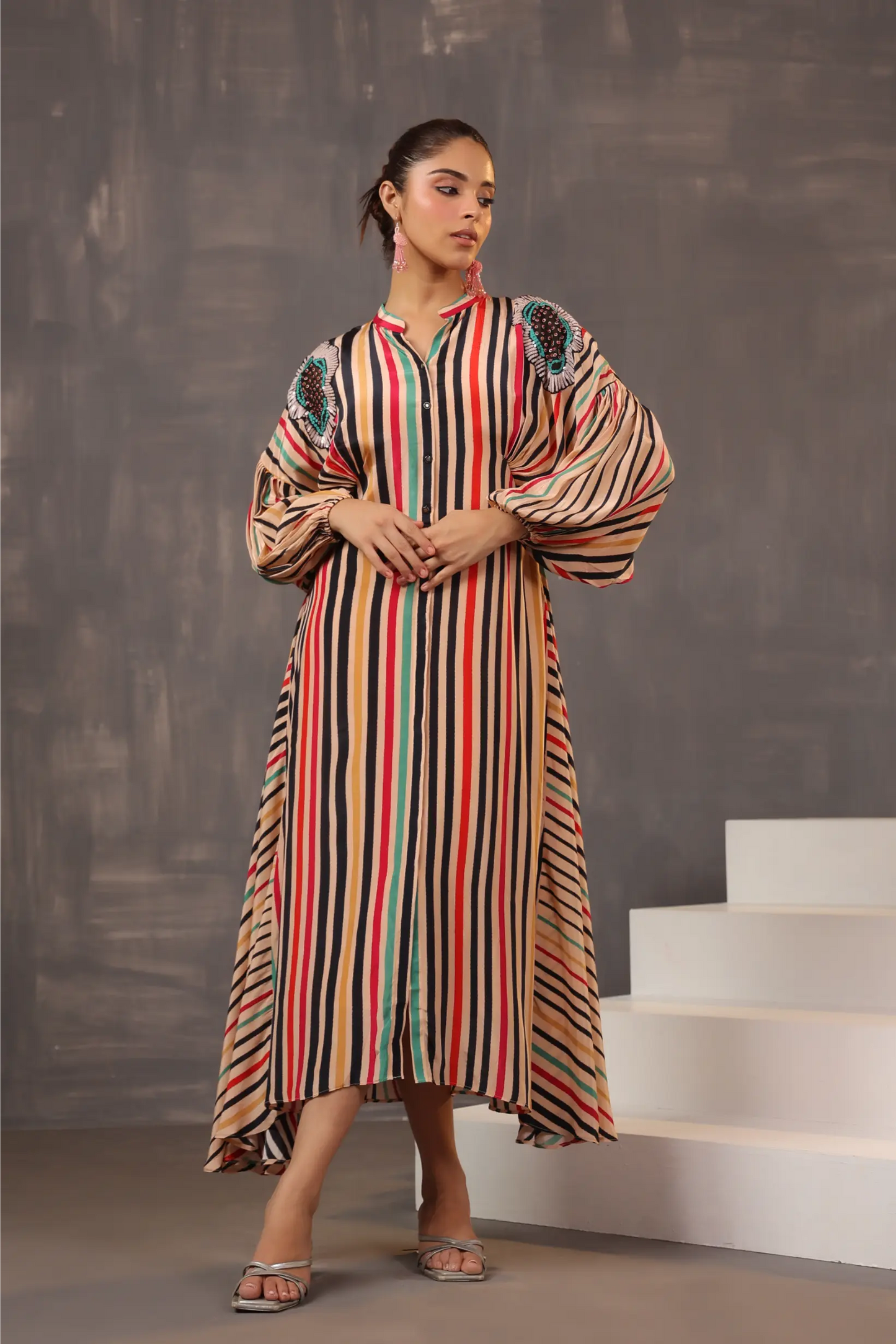 Stripe Printed Dress with Hand Embroidery on Shoulders