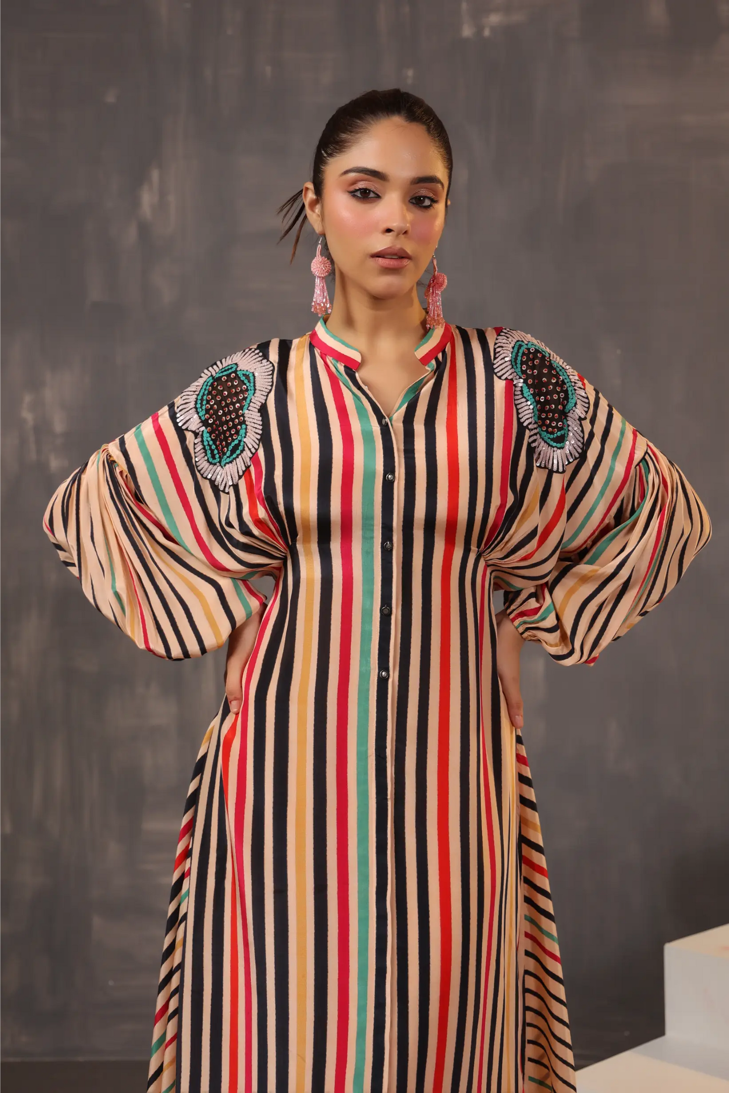 Stripe Printed Dress with Hand Embroidery on Shoulders