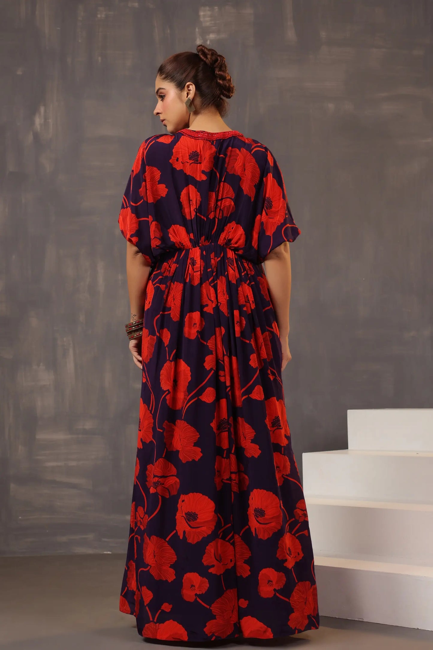 Full Length Floral Printed Dress with Neck Embellish