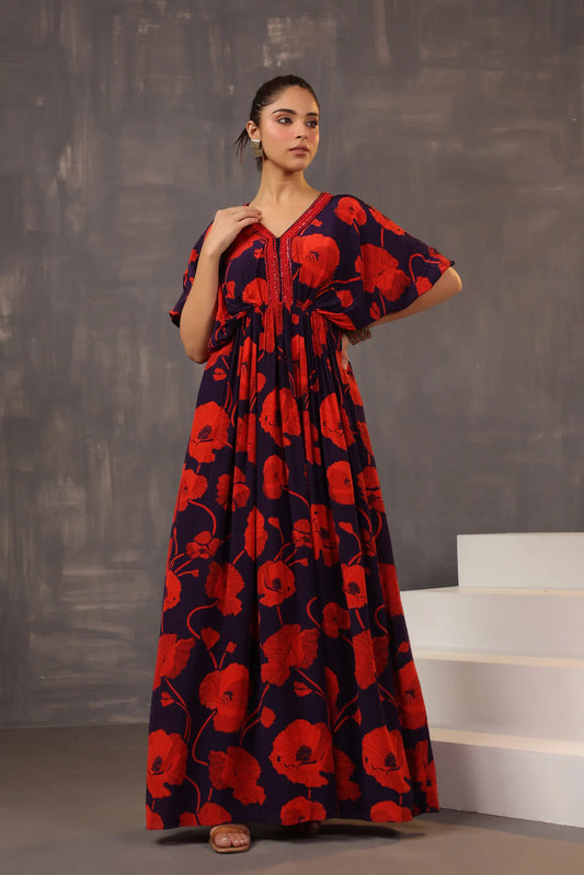 Full Length Floral Printed Dress with Neck Embellish