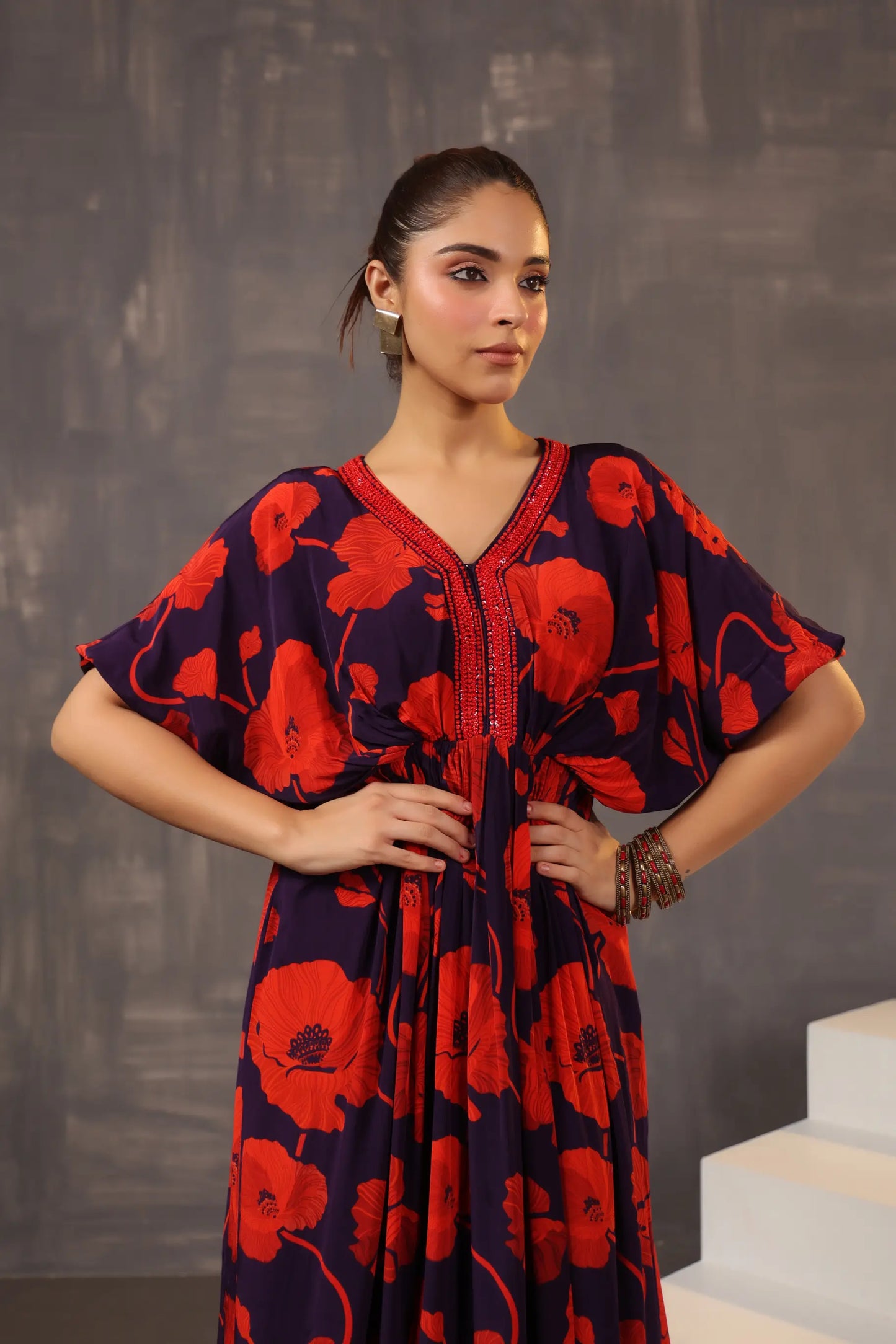 Full Length Floral Printed Dress with Neck Embellish