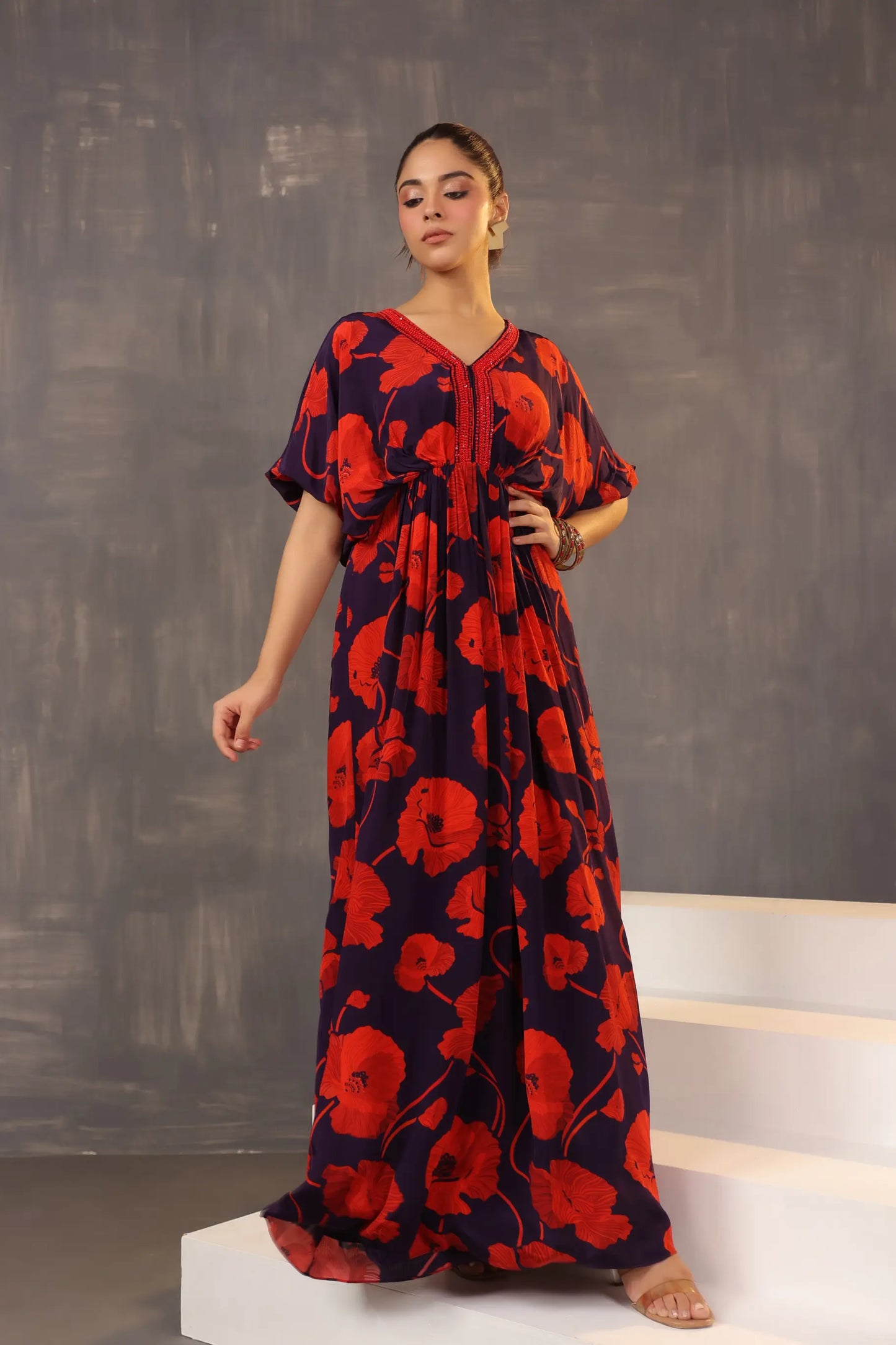 Full Length Floral Printed Dress with Neck Embellish