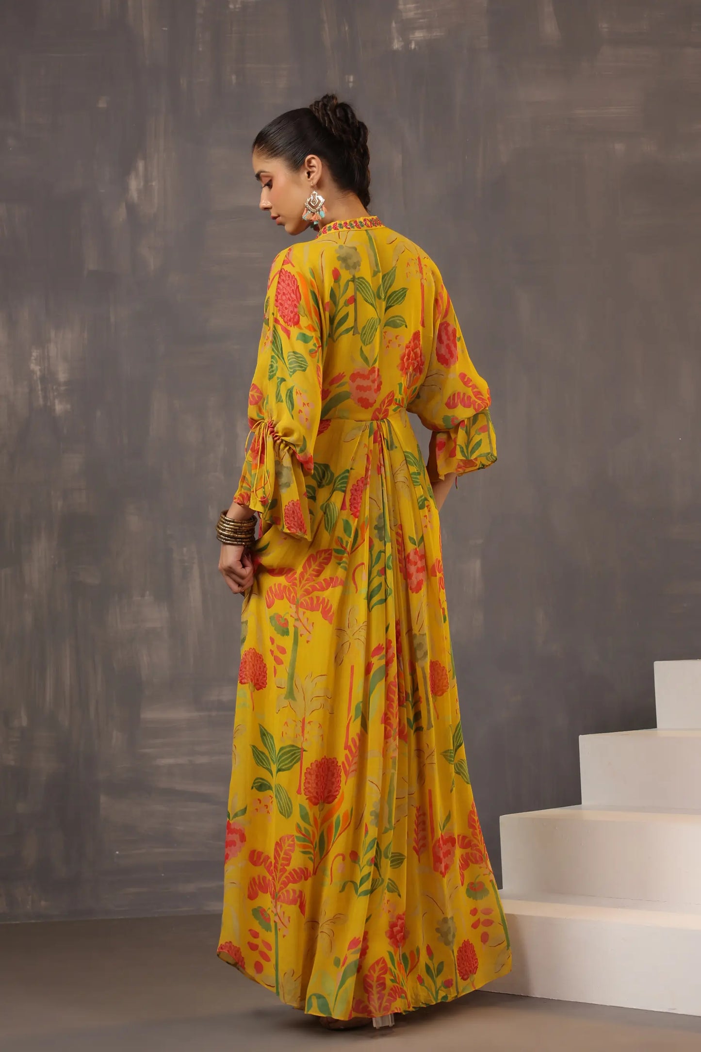 Full Length Floral Printed Dress with Neck Embellish