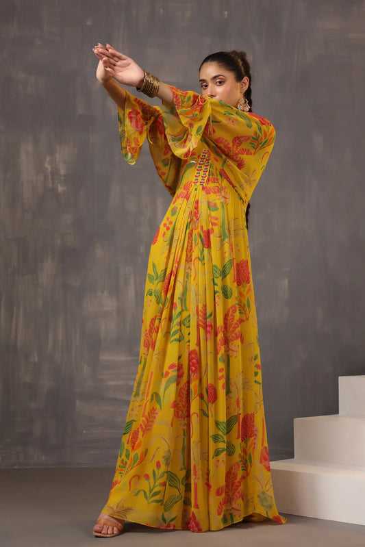 Full Length Floral Printed Dress with Neck Embellish