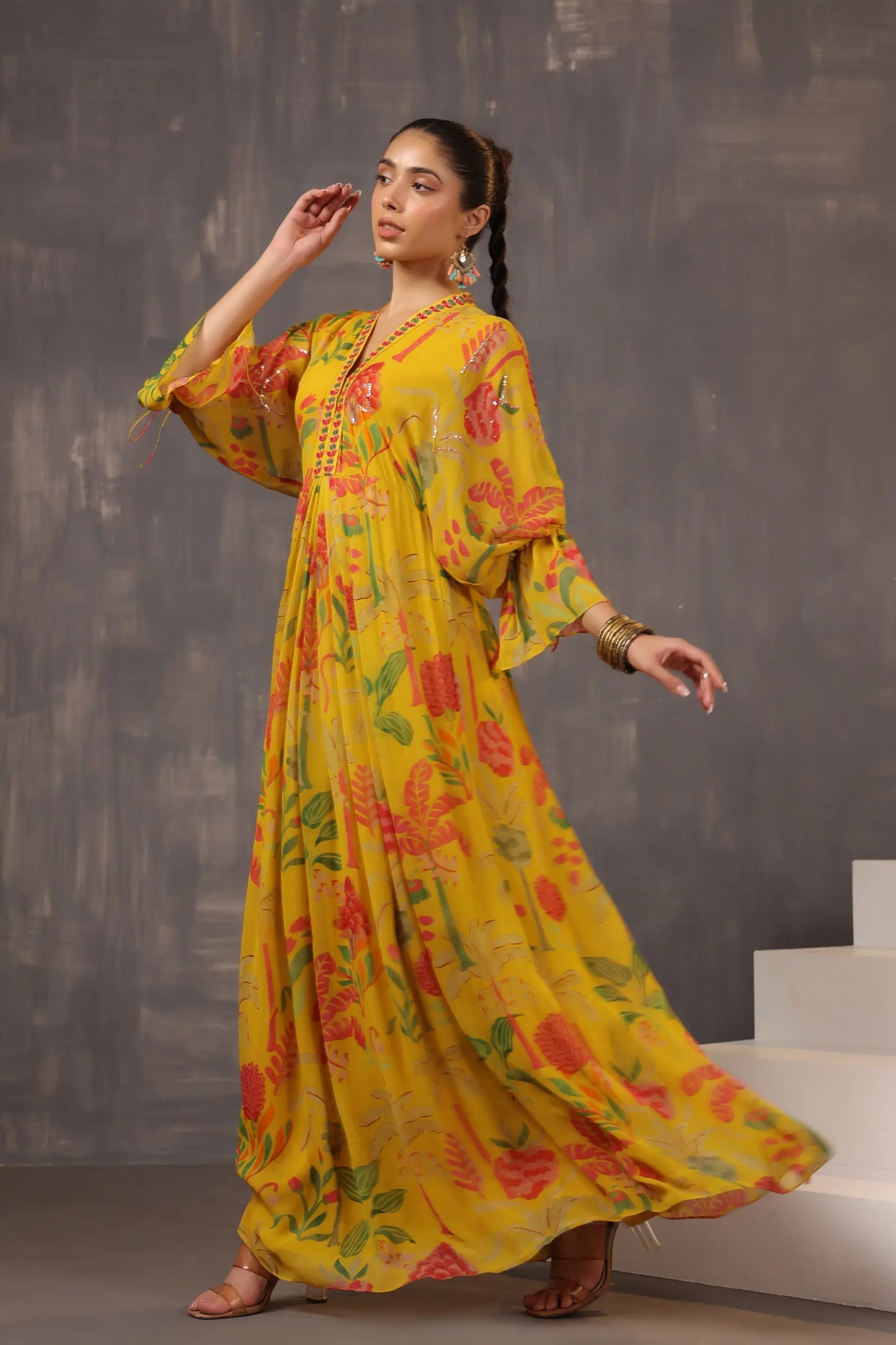 Full Length Floral Printed Dress with Neck Embellish