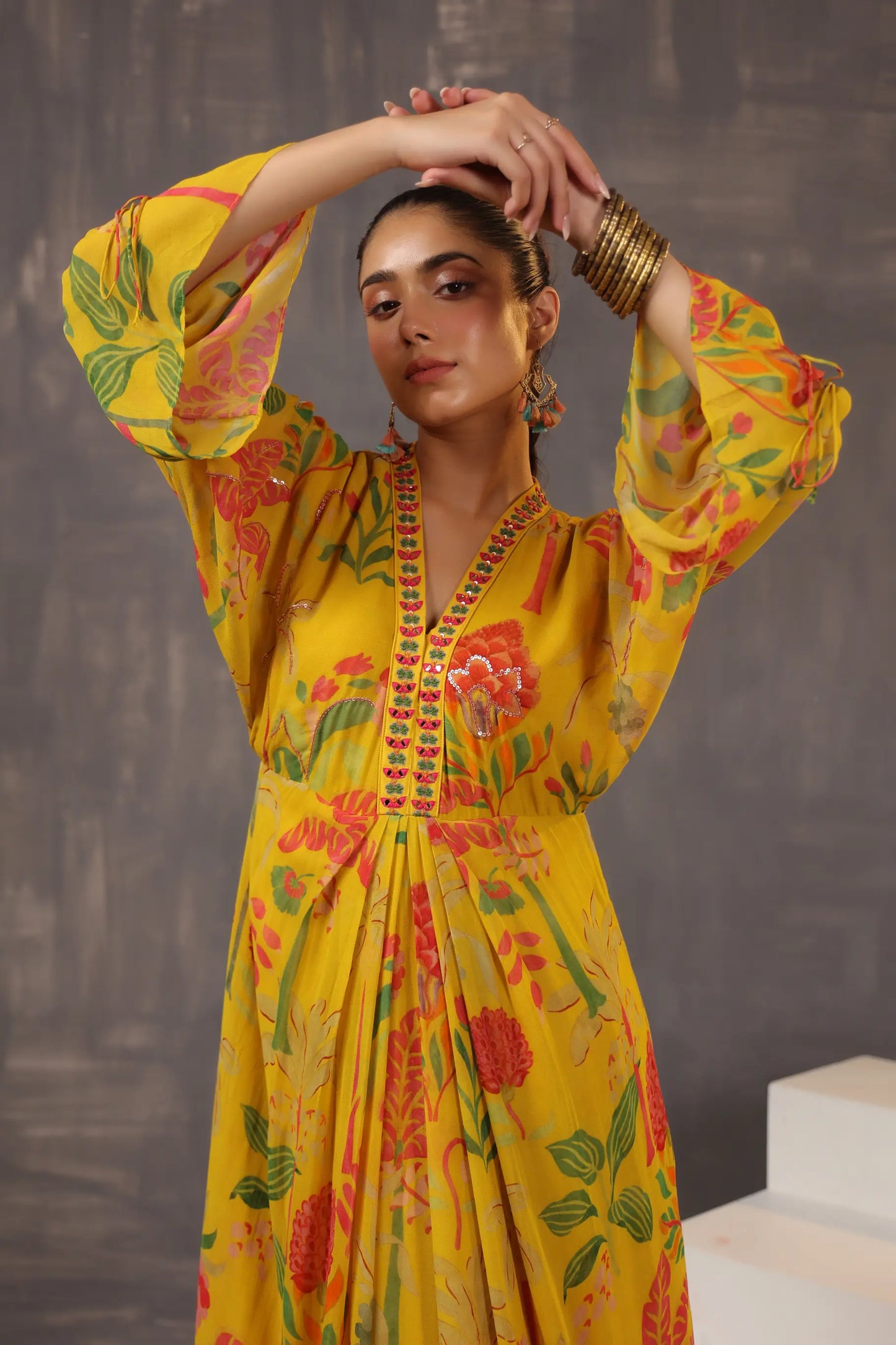 Full Length Floral Printed Dress with Neck Embellish