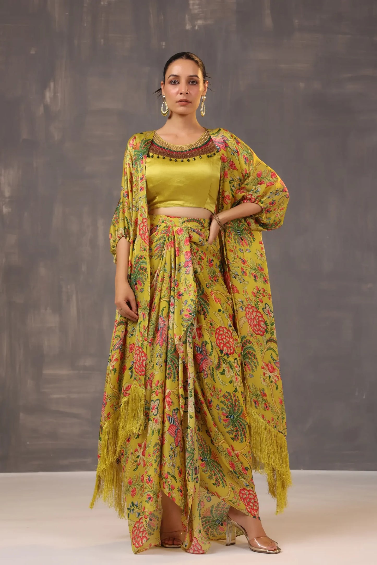 Printed Dhoti Pant with Printed Jacket and heavy Blouse