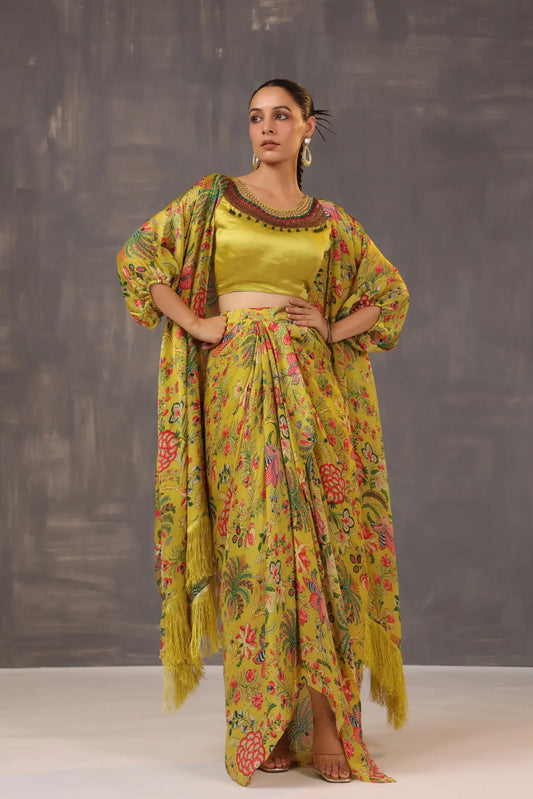 Printed Dhoti Pant with Printed Jacket and heavy Blouse