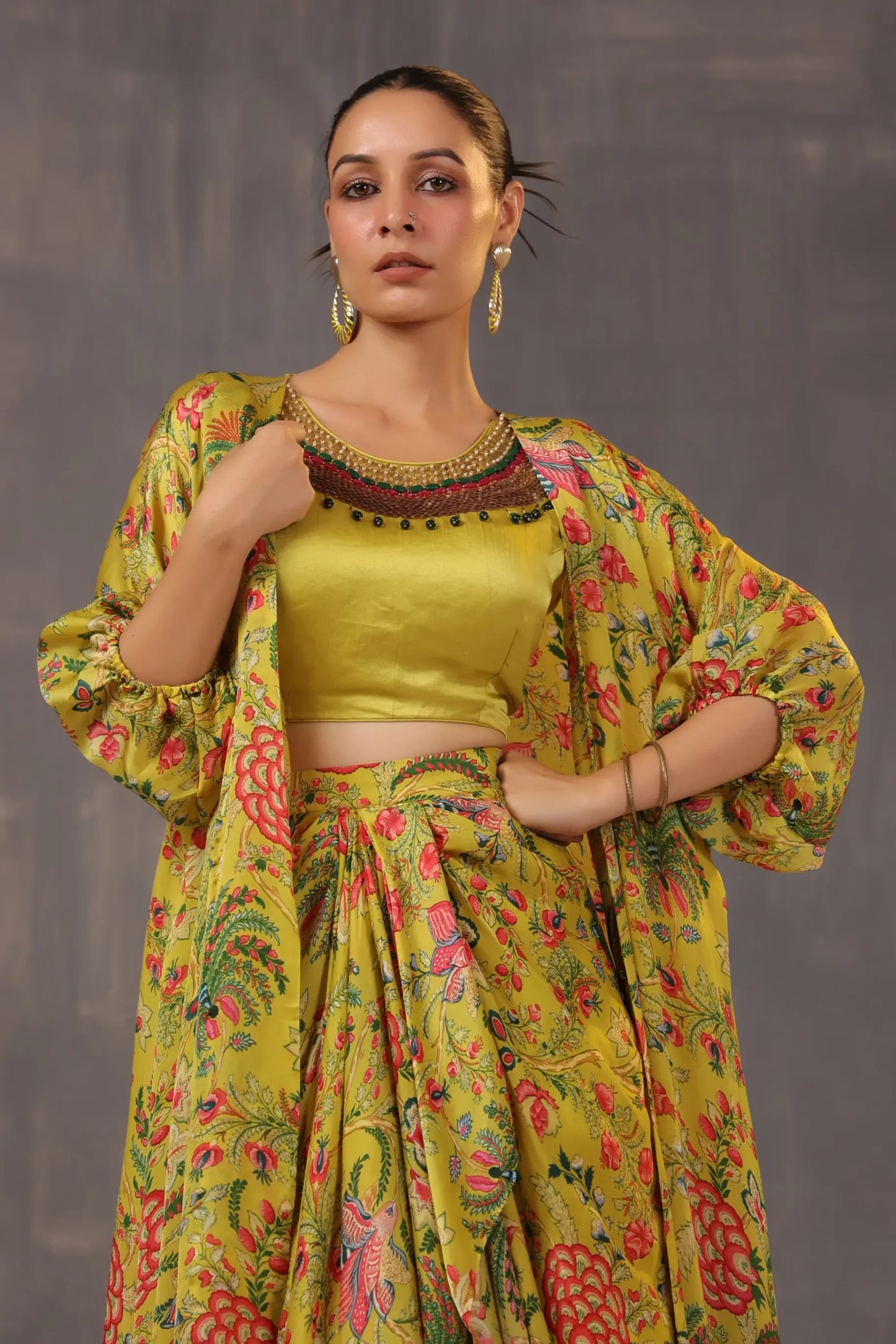 Printed Dhoti Pant with Printed Jacket and heavy Blouse