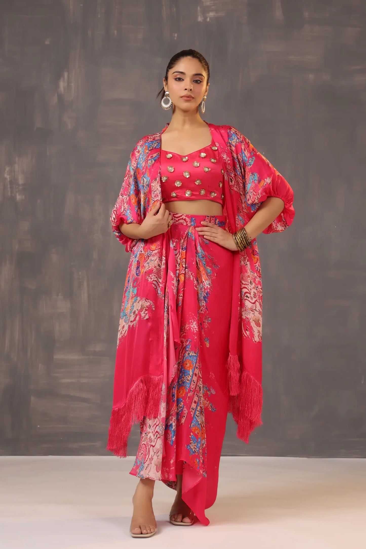 Printed Dhoti Pant with Printed Jacket and heavy Blouse