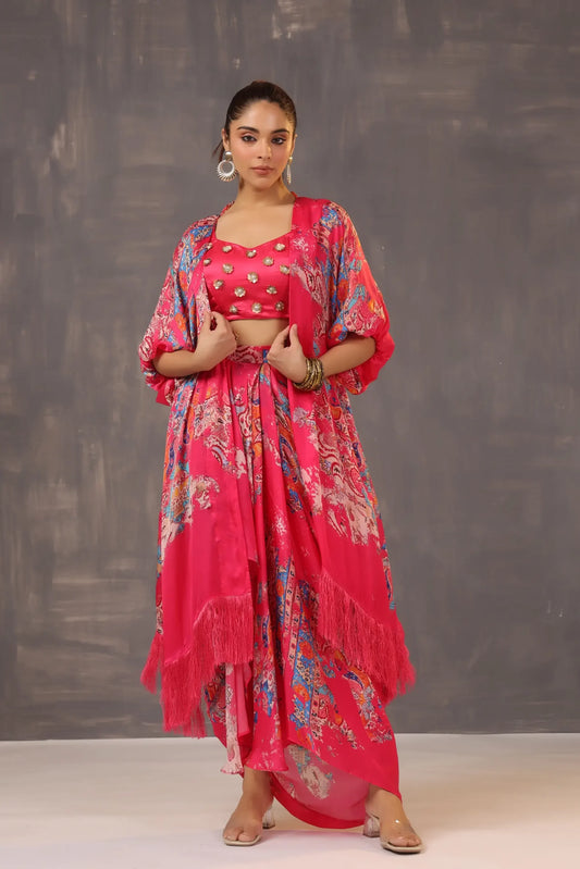 Printed Dhoti Pant with Printed Jacket and heavy Blouse