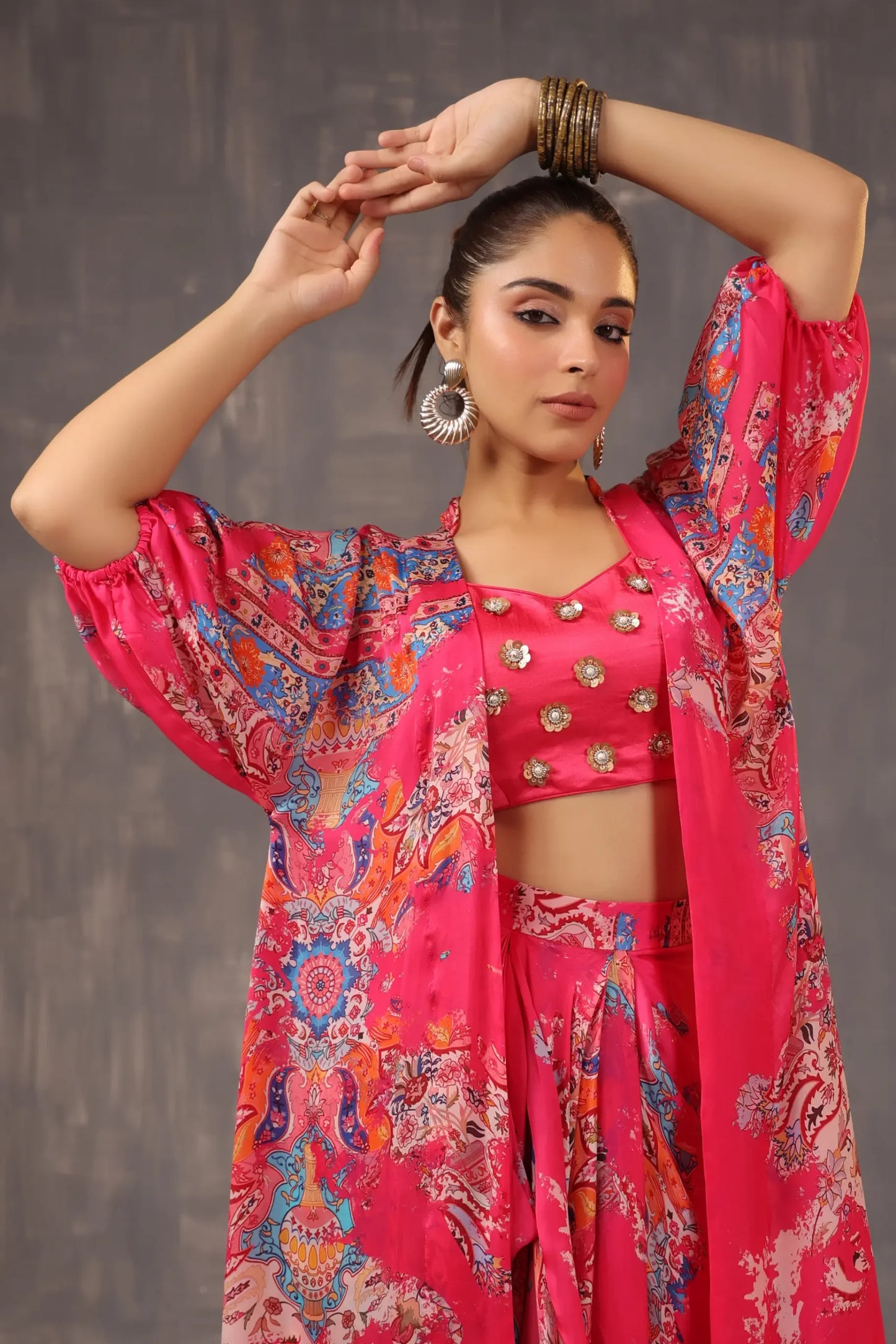 Printed Dhoti Pant with Printed Jacket and heavy Blouse