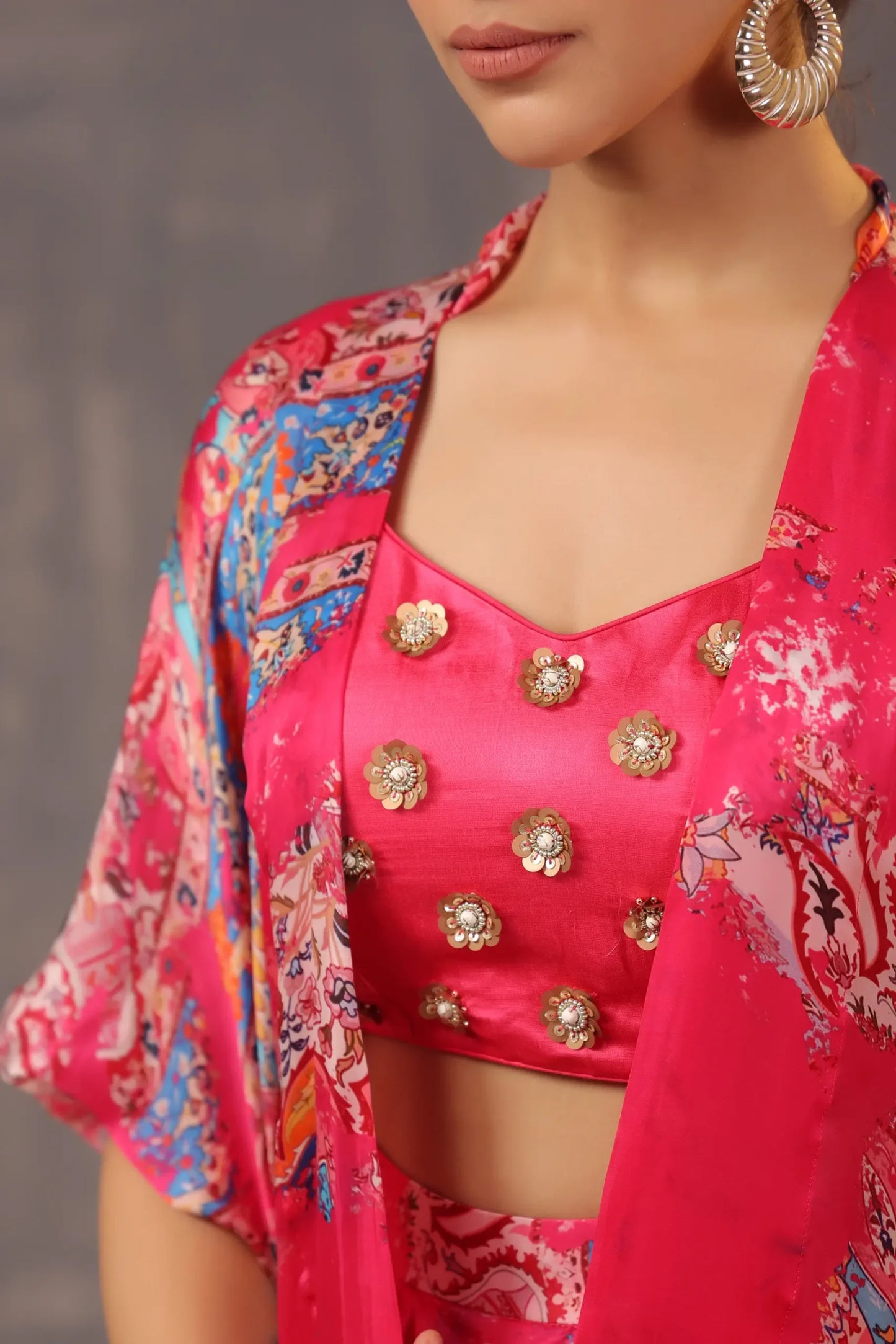 Printed Dhoti Pant with Printed Jacket and heavy Blouse