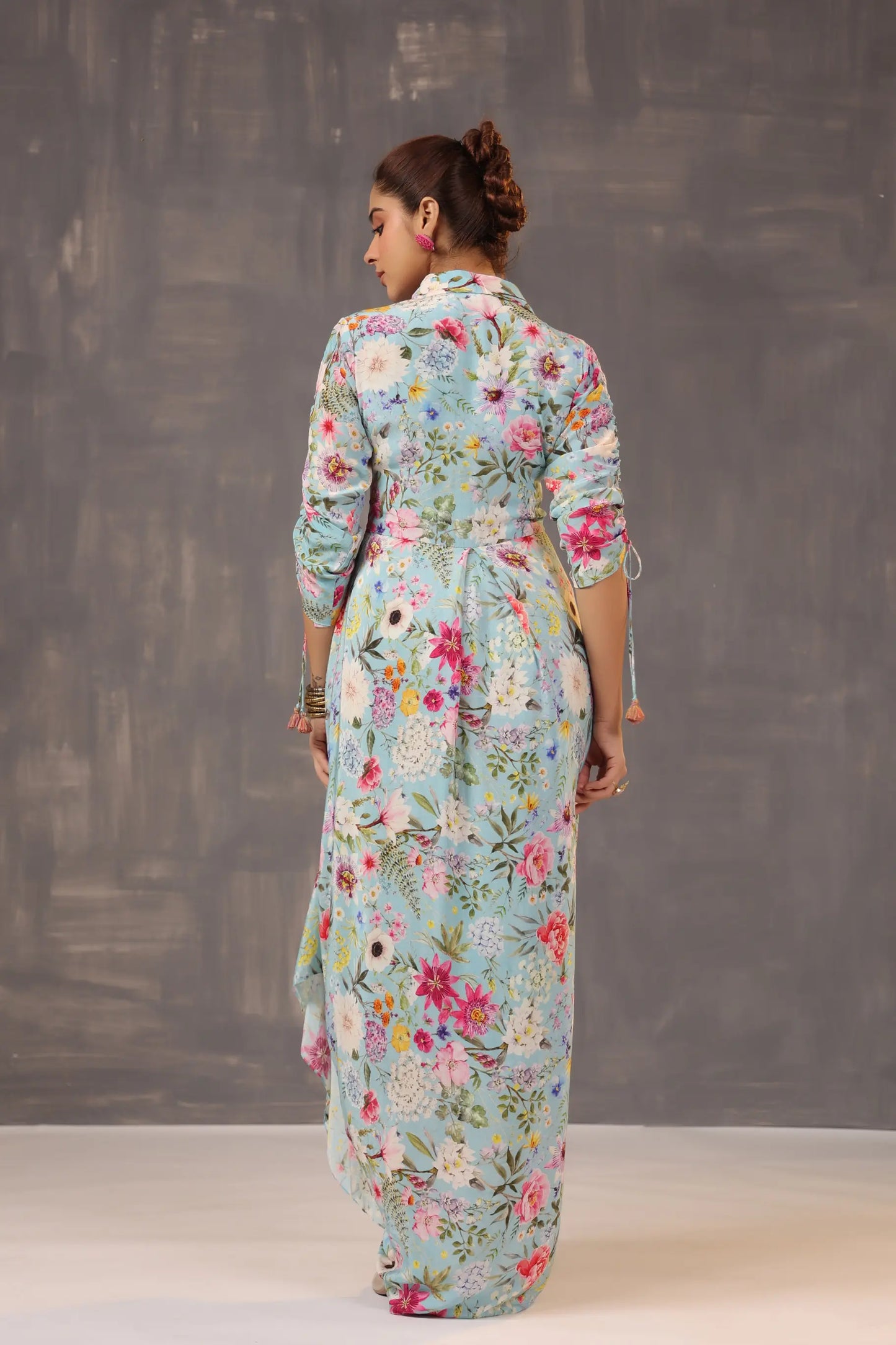 Drape Dhoti Printed Dress with 3D Flowers Embellish