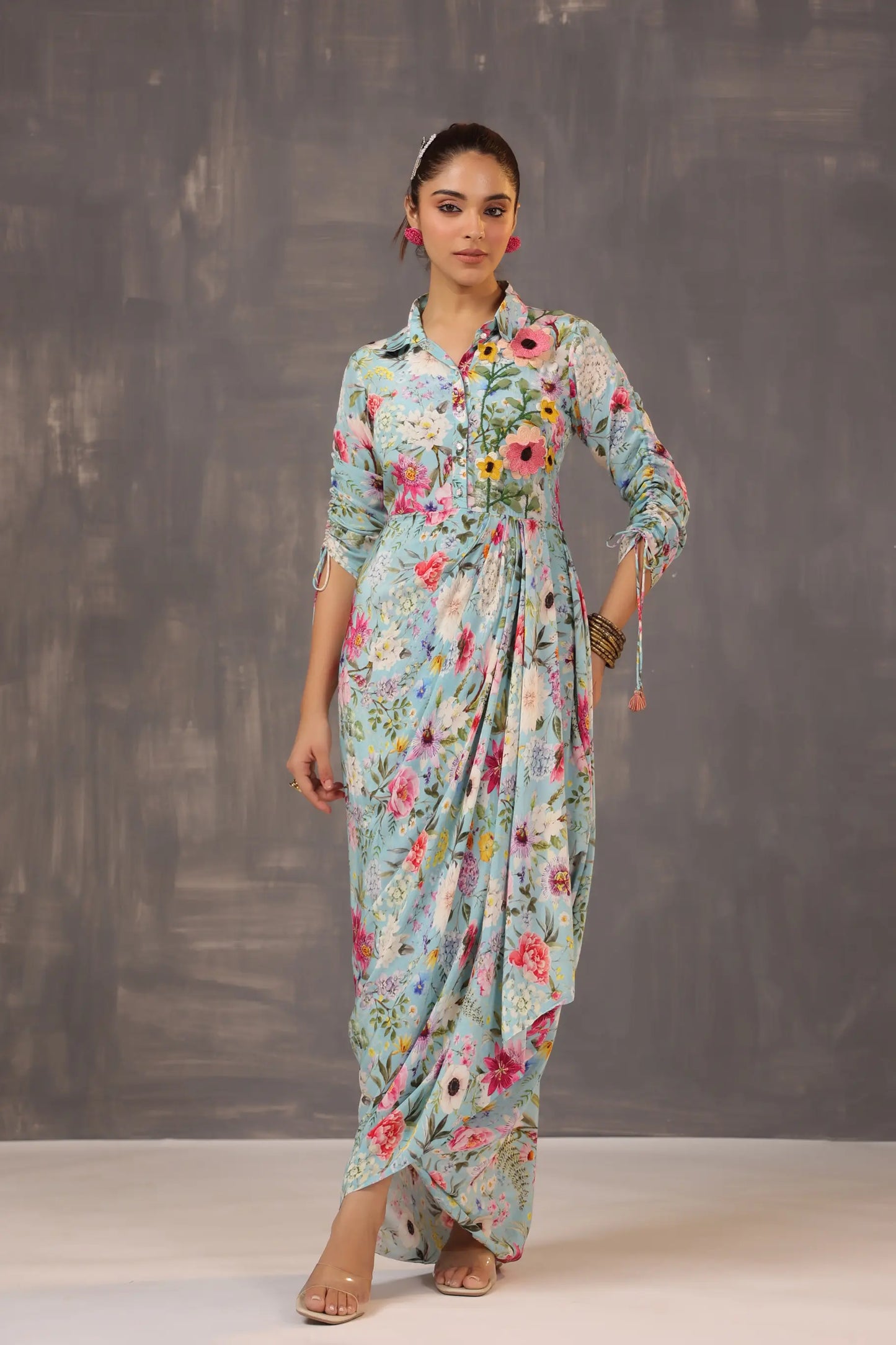 Drape Dhoti Printed Dress with 3D Flowers Embellish