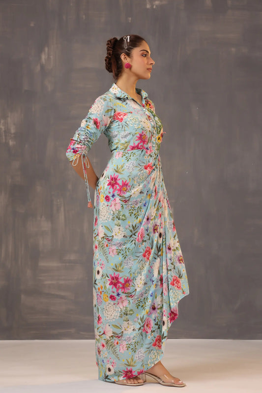 Drape Dhoti Printed Dress with 3D Flowers Embellish