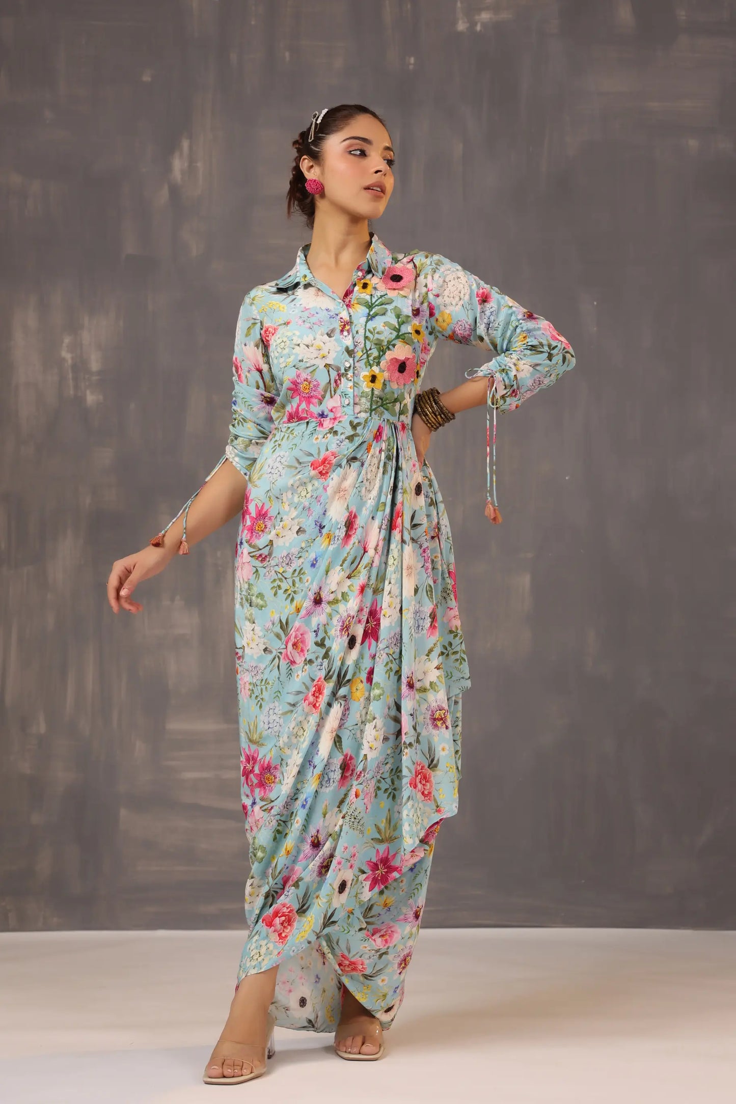 Drape Dhoti Printed Dress with 3D Flowers Embellish