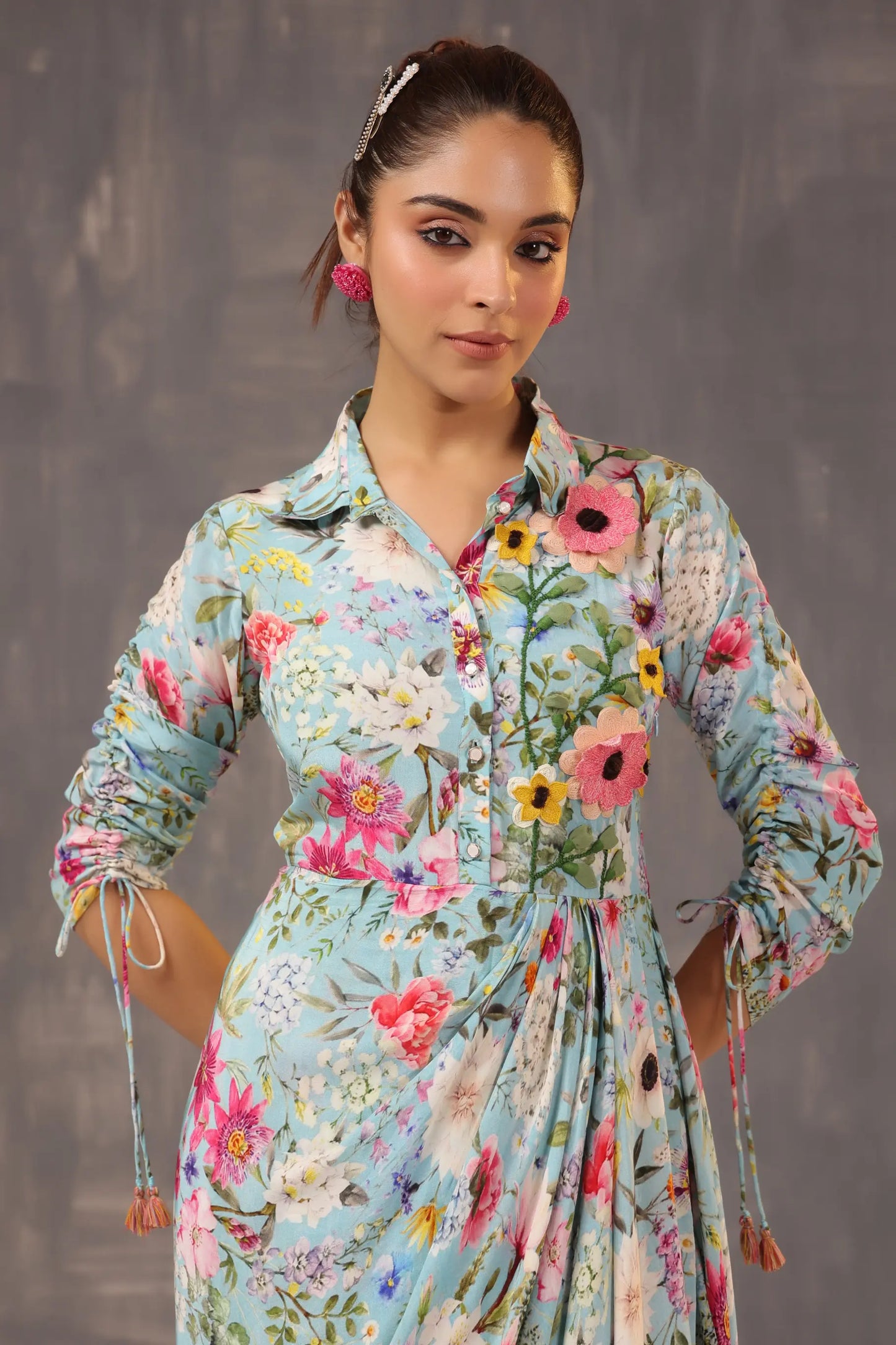Drape Dhoti Printed Dress with 3D Flowers Embellish