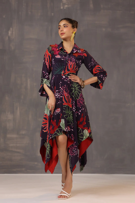 Aysymettrical Coral Dress with 3D Floral Yok Embellisehd