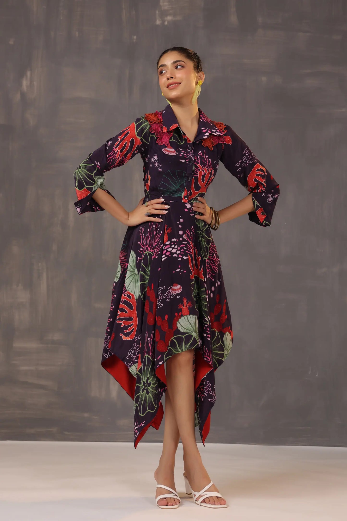 Aysymettrical Coral Dress with 3D Floral Yok Embellisehd