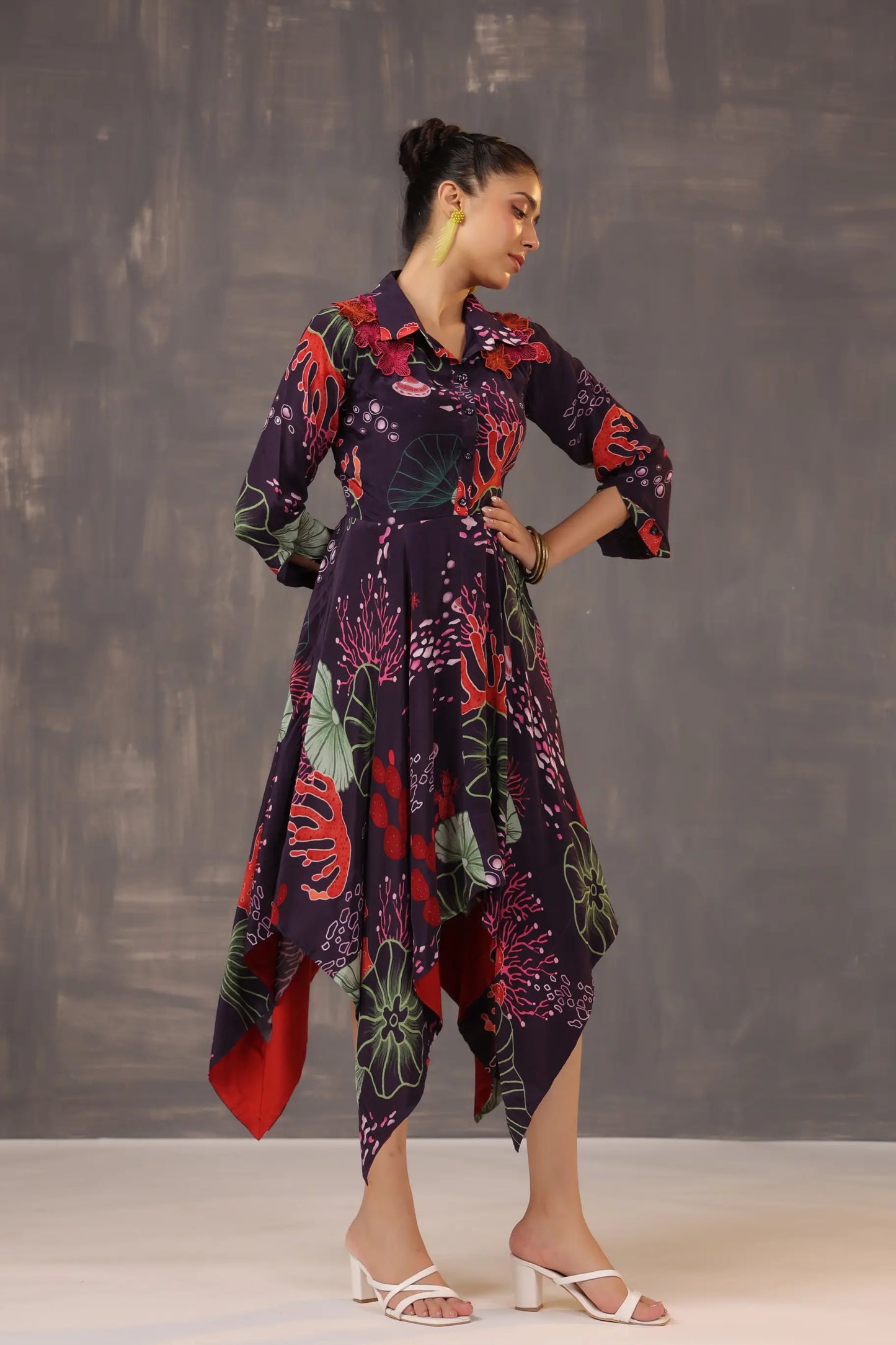 Aysymettrical Coral Dress with 3D Floral Yok Embellisehd