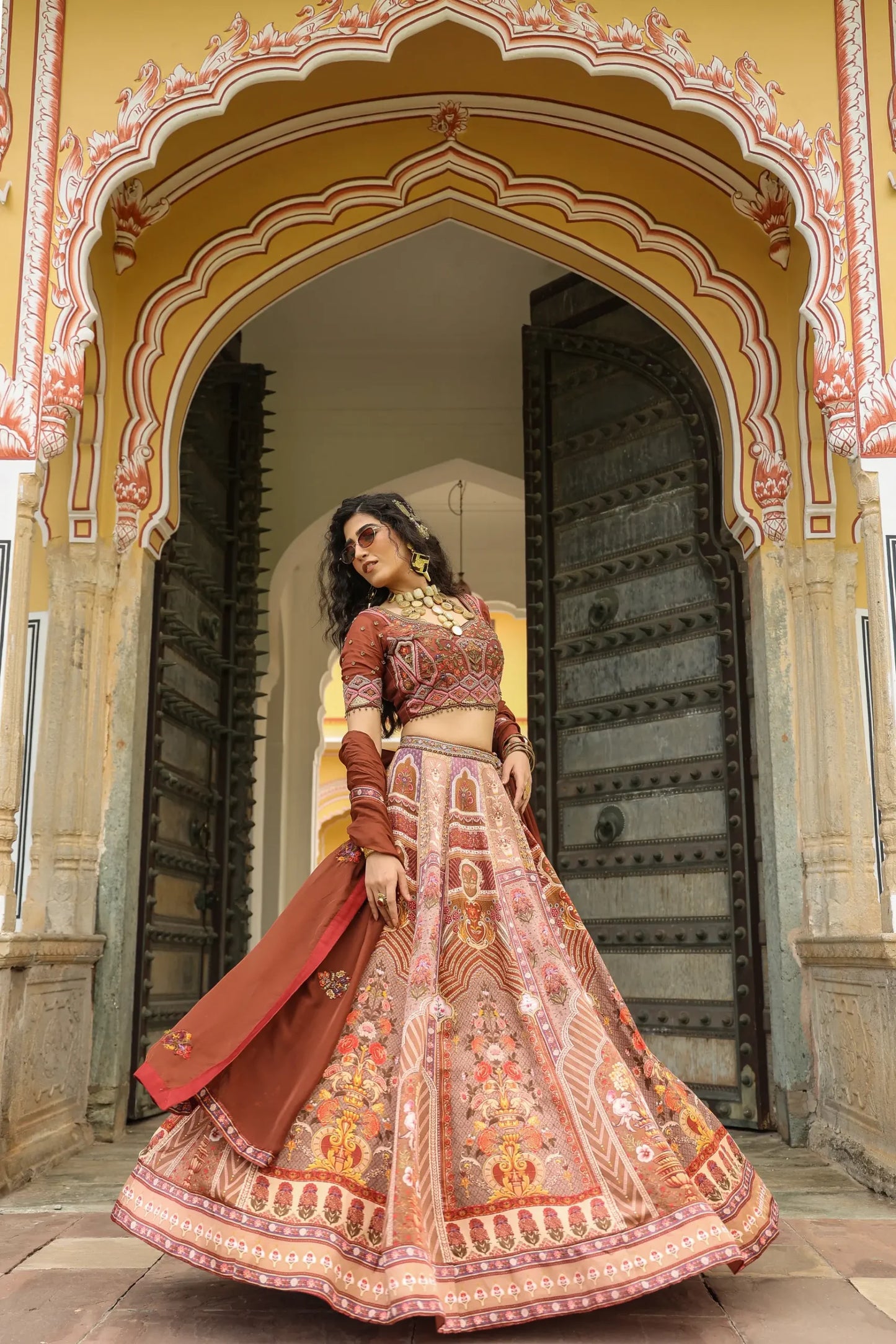 Traditional Printed lehanga with full machine embroidered Blouse & Dupatta