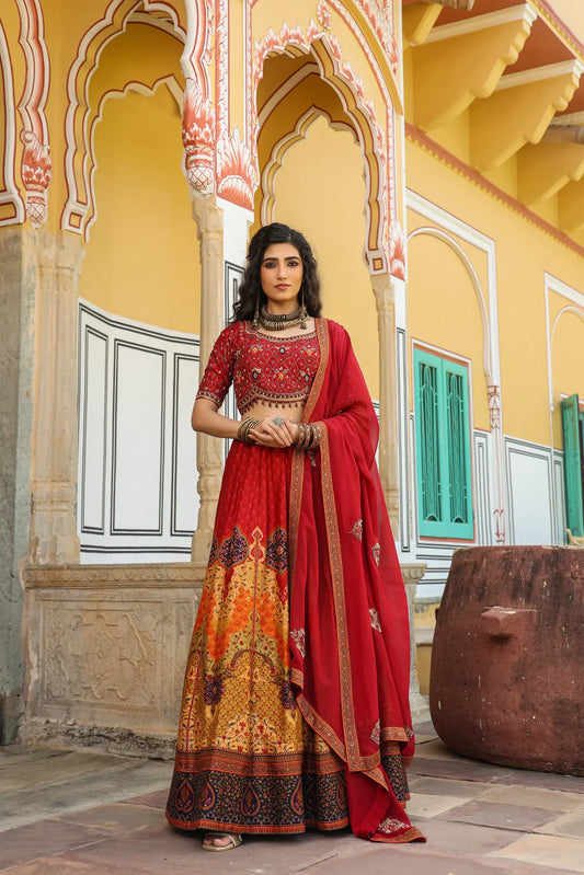 Shawl Pattern Print lehanga with embroidered blouse & dupatta