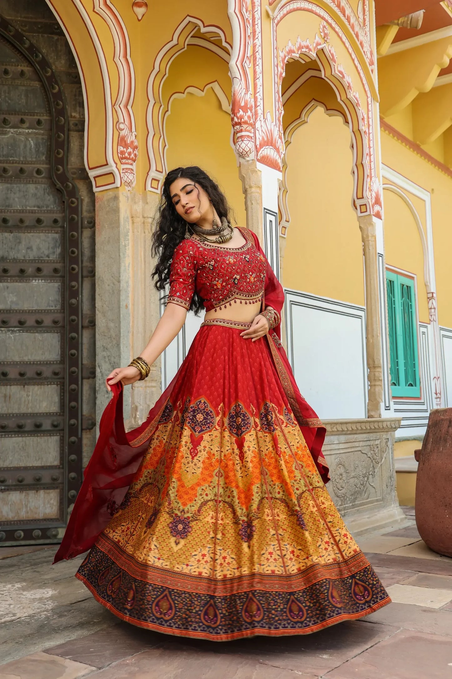 Shawl Pattern Print lehanga with embroidered blouse & dupatta